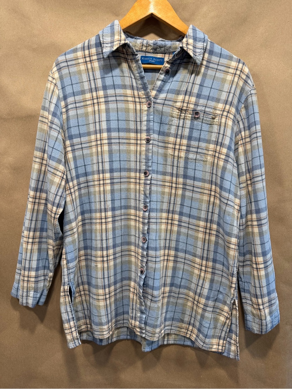 Karen Scott Blue and Cream Plaid Button-Down Shirt